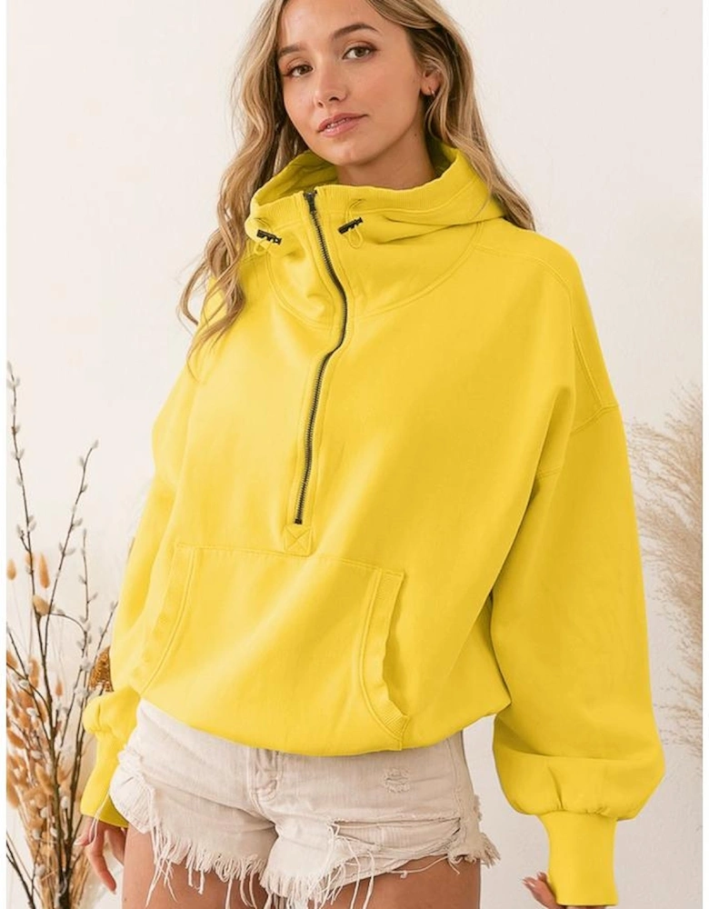 Yellow Ribbed Trim Kangaroo Pocket Zipped Hoodie