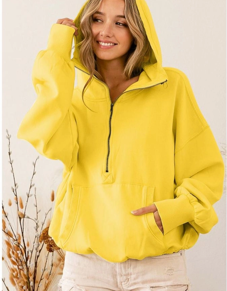 Yellow Ribbed Trim Kangaroo Pocket Zipped Hoodie