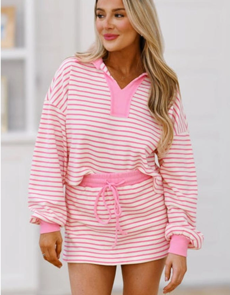 Pink Stripe Collared V Neck Drop Shoulder Pullover and Skort 2pcs Outfit