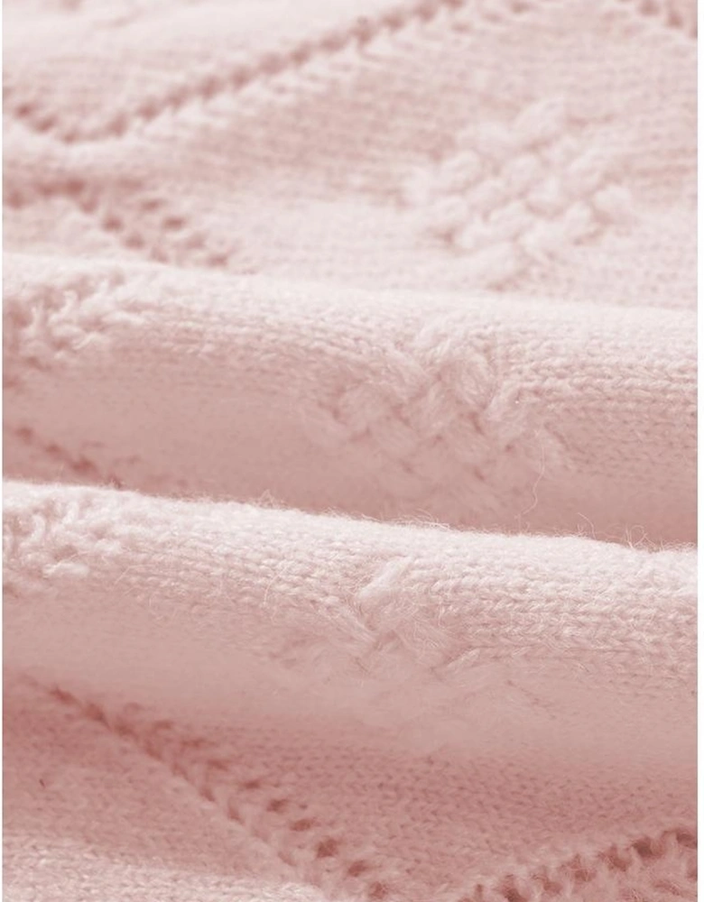 Gossamer Pink Openwork Plaid Puff Sleeve Cropped Sweater