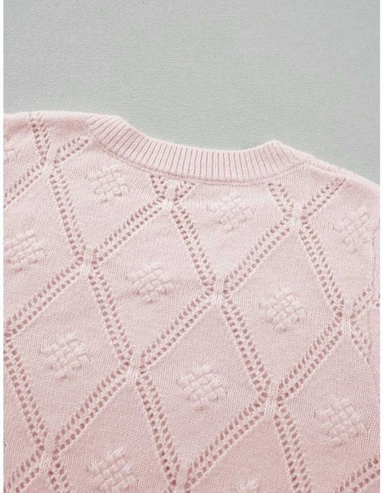 Gossamer Pink Openwork Plaid Puff Sleeve Cropped Sweater