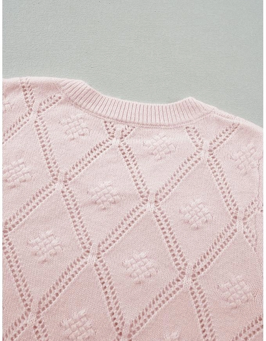 Gossamer Pink Openwork Plaid Puff Sleeve Cropped Sweater