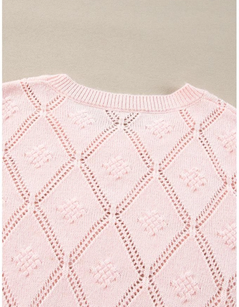 Gossamer Pink Openwork Plaid Puff Sleeve Cropped Sweater