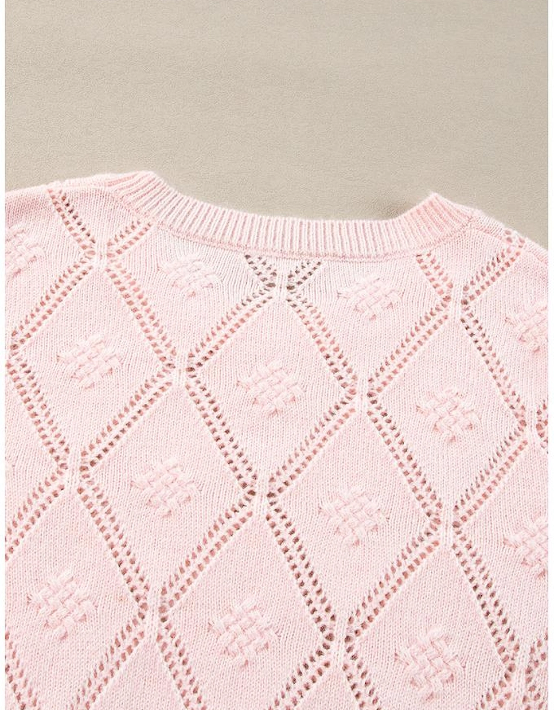 Gossamer Pink Openwork Plaid Puff Sleeve Cropped Sweater