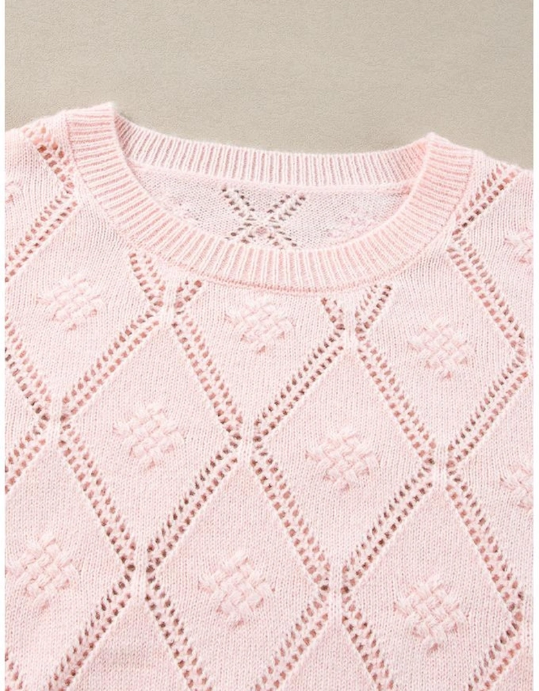 Gossamer Pink Openwork Plaid Puff Sleeve Cropped Sweater