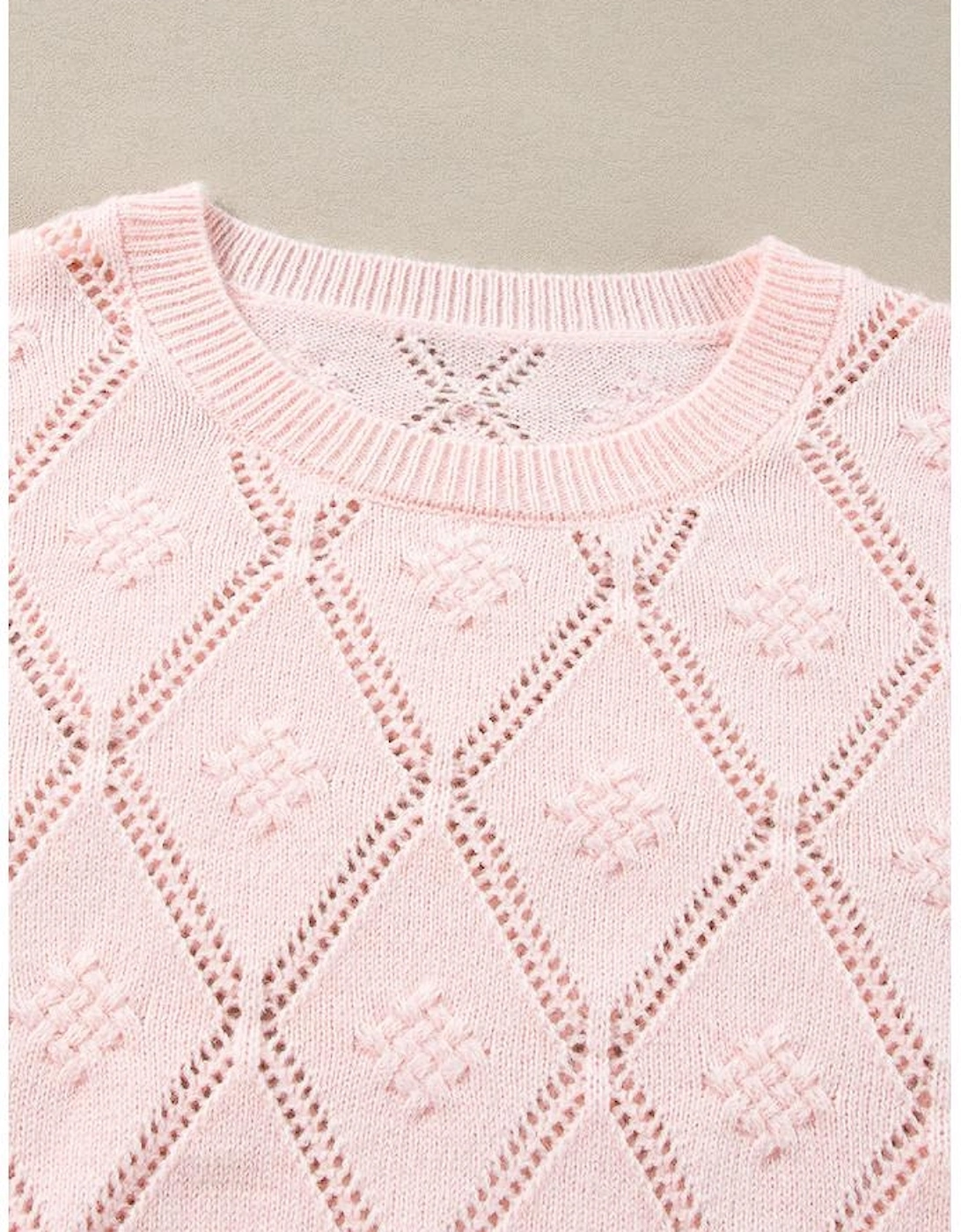 Gossamer Pink Openwork Plaid Puff Sleeve Cropped Sweater