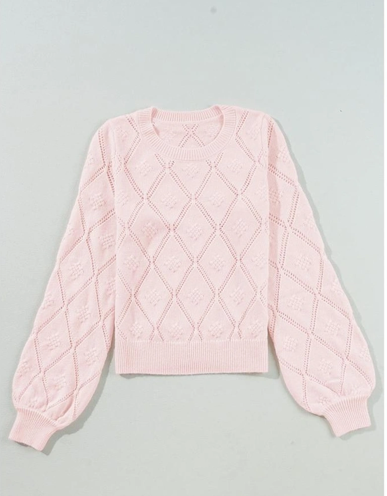 Gossamer Pink Openwork Plaid Puff Sleeve Cropped Sweater