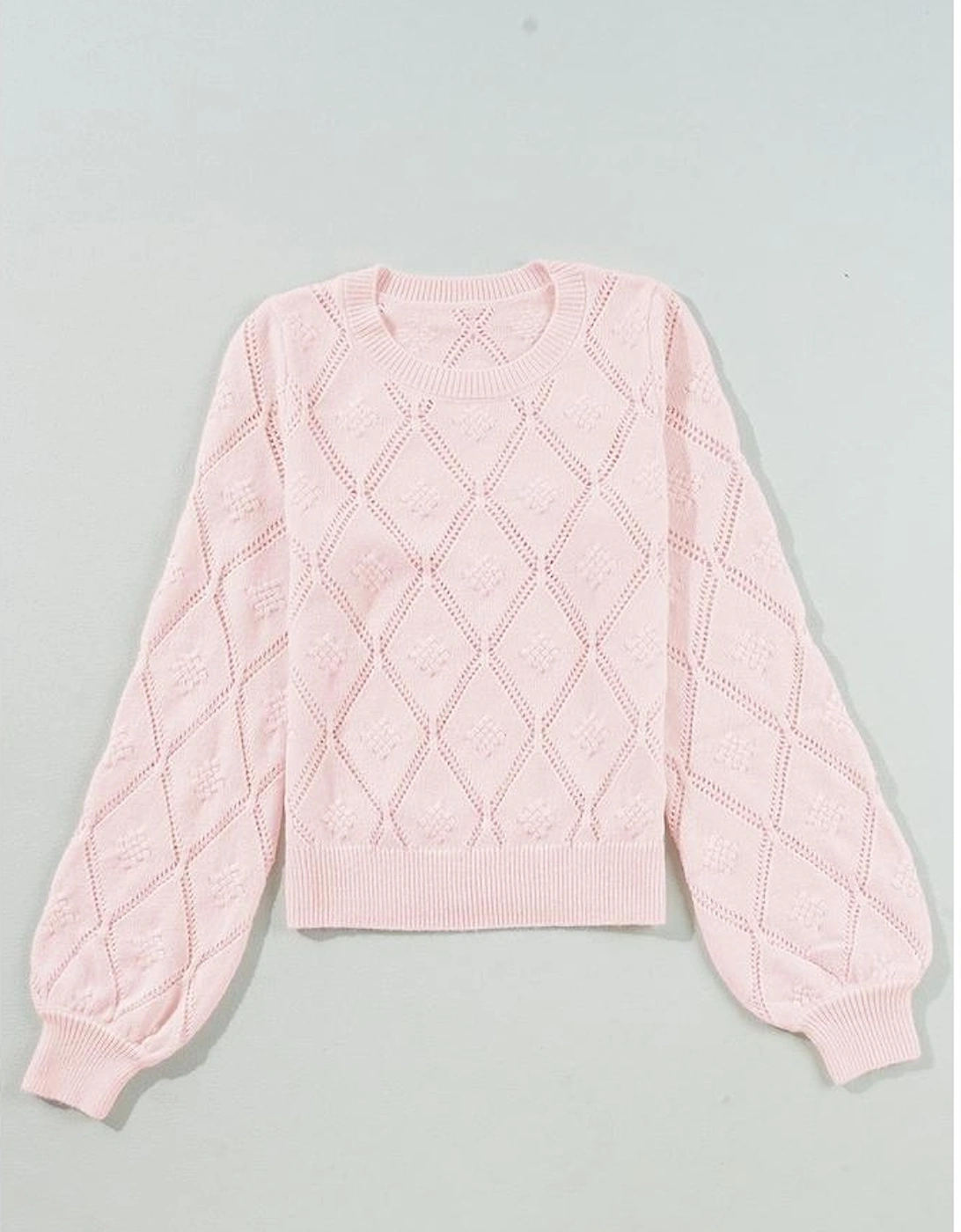 Gossamer Pink Openwork Plaid Puff Sleeve Cropped Sweater
