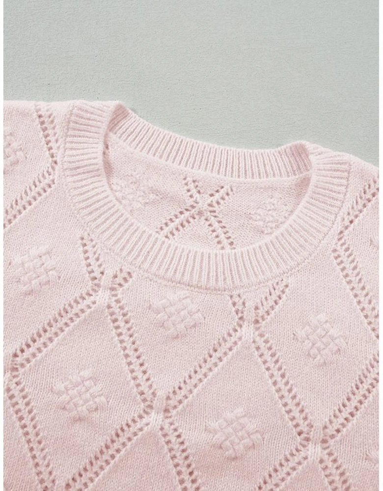 Gossamer Pink Openwork Plaid Puff Sleeve Cropped Sweater