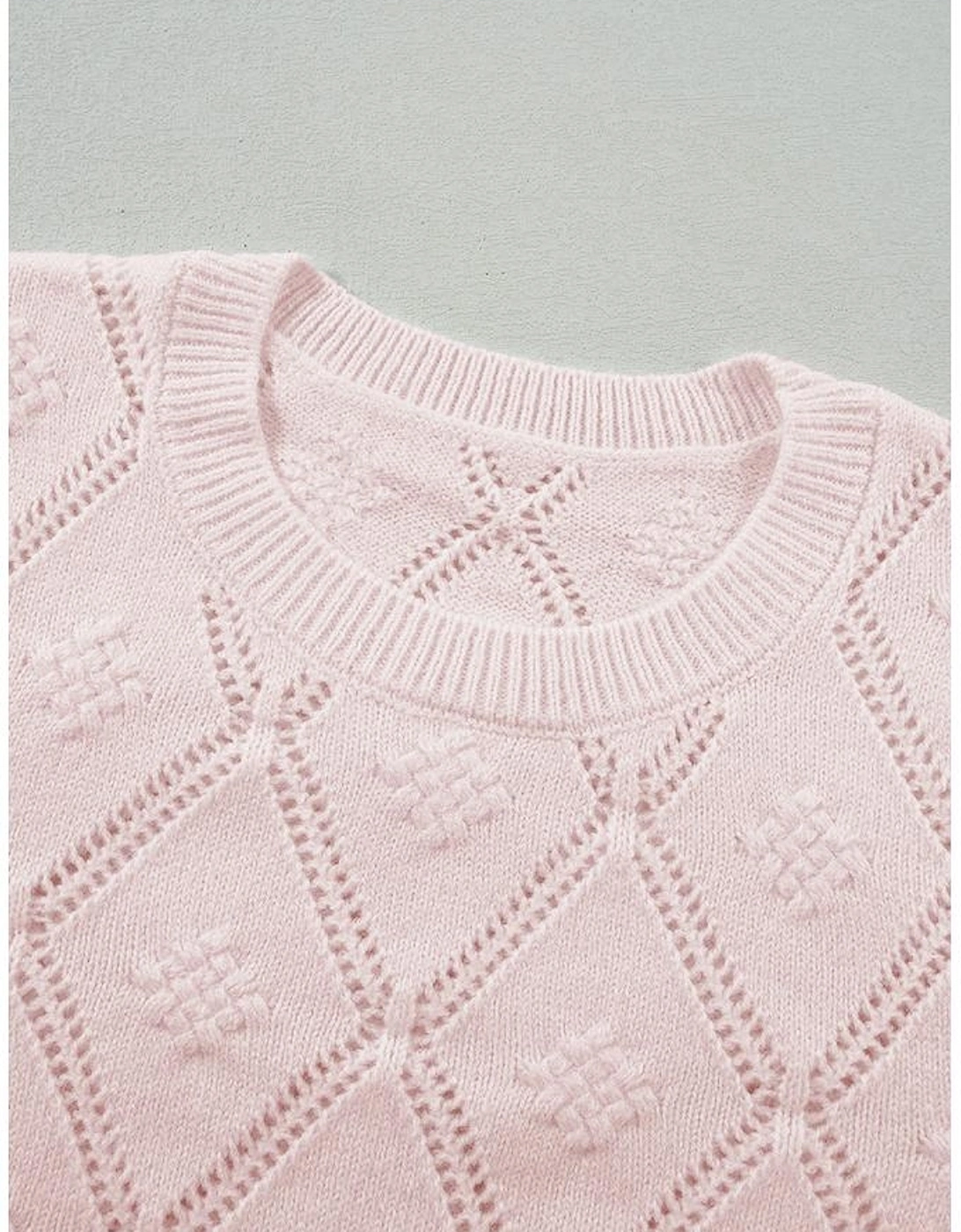 Gossamer Pink Openwork Plaid Puff Sleeve Cropped Sweater