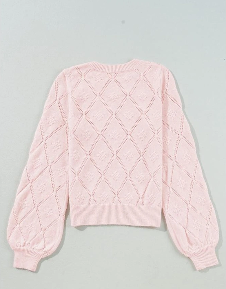 Gossamer Pink Openwork Plaid Puff Sleeve Cropped Sweater