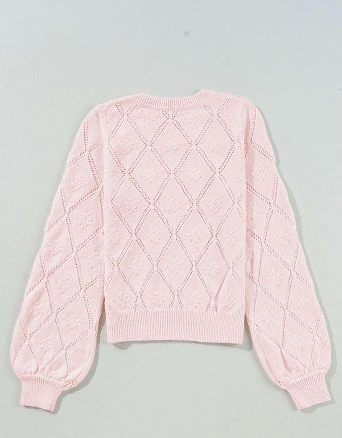 Gossamer Pink Openwork Plaid Puff Sleeve Cropped Sweater