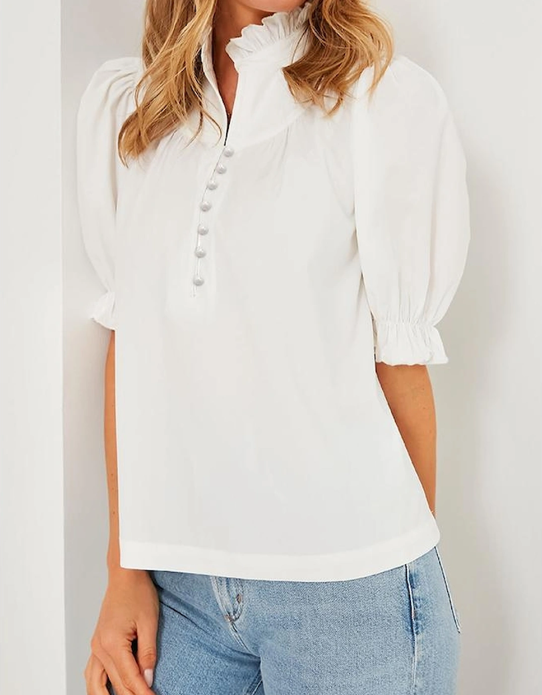 White Frilled Edge Half Button Stand Neck Bubble Sleeve Blouse