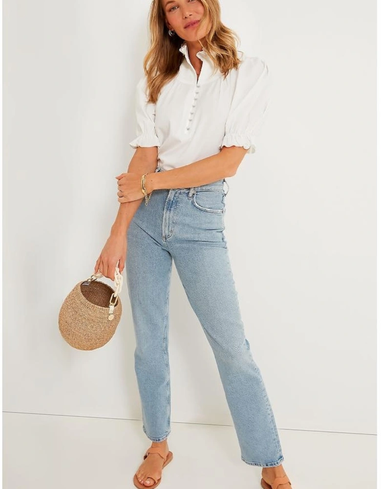 White Frilled Edge Half Button Stand Neck Bubble Sleeve Blouse