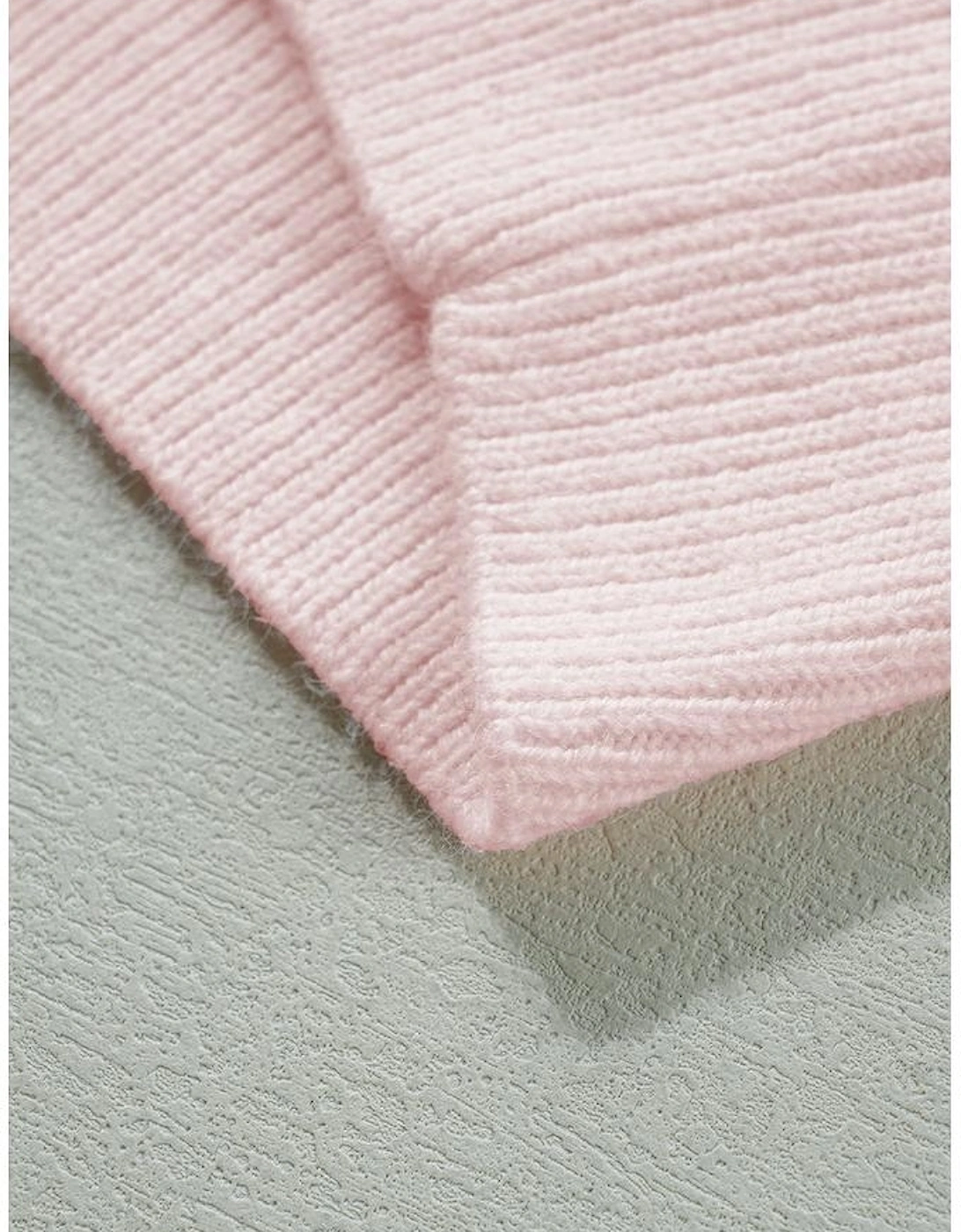 Gossamer Pink Openwork Plaid Puff Sleeve Cropped Sweater