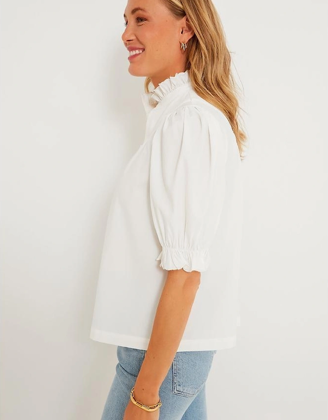 White Frilled Edge Half Button Stand Neck Bubble Sleeve Blouse