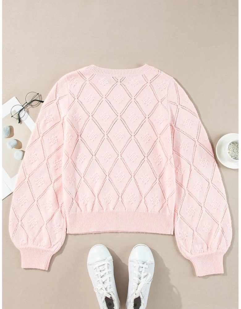 Gossamer Pink Openwork Plaid Puff Sleeve Cropped Sweater