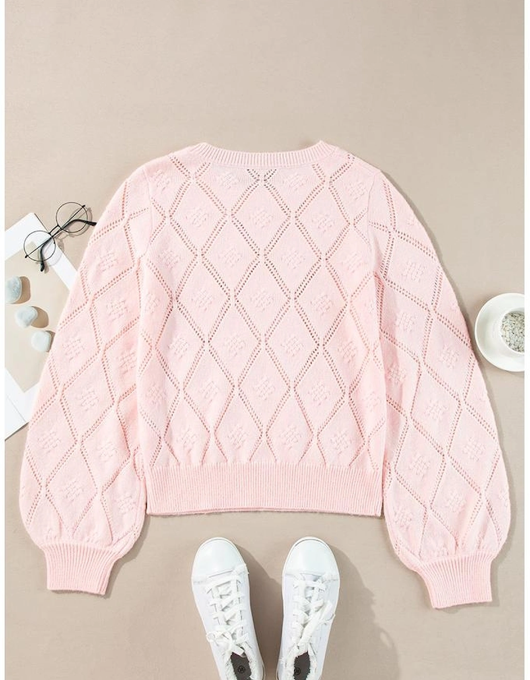 Gossamer Pink Openwork Plaid Puff Sleeve Cropped Sweater