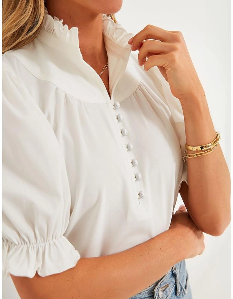 White Frilled Edge Half Button Stand Neck Bubble Sleeve Blouse