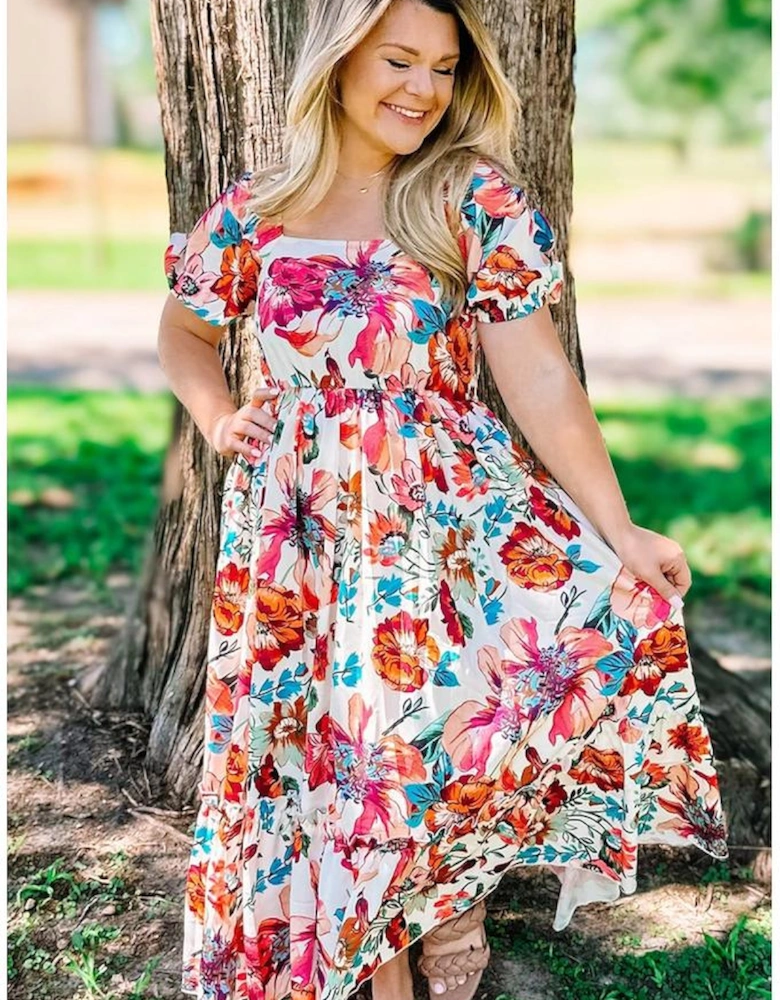 White Floral Square Neck Puff Sleeve Flowy Plus Size Midi Dress