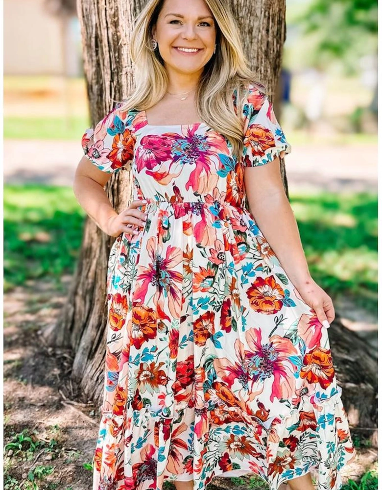 White Floral Square Neck Puff Sleeve Flowy Plus Size Midi Dress