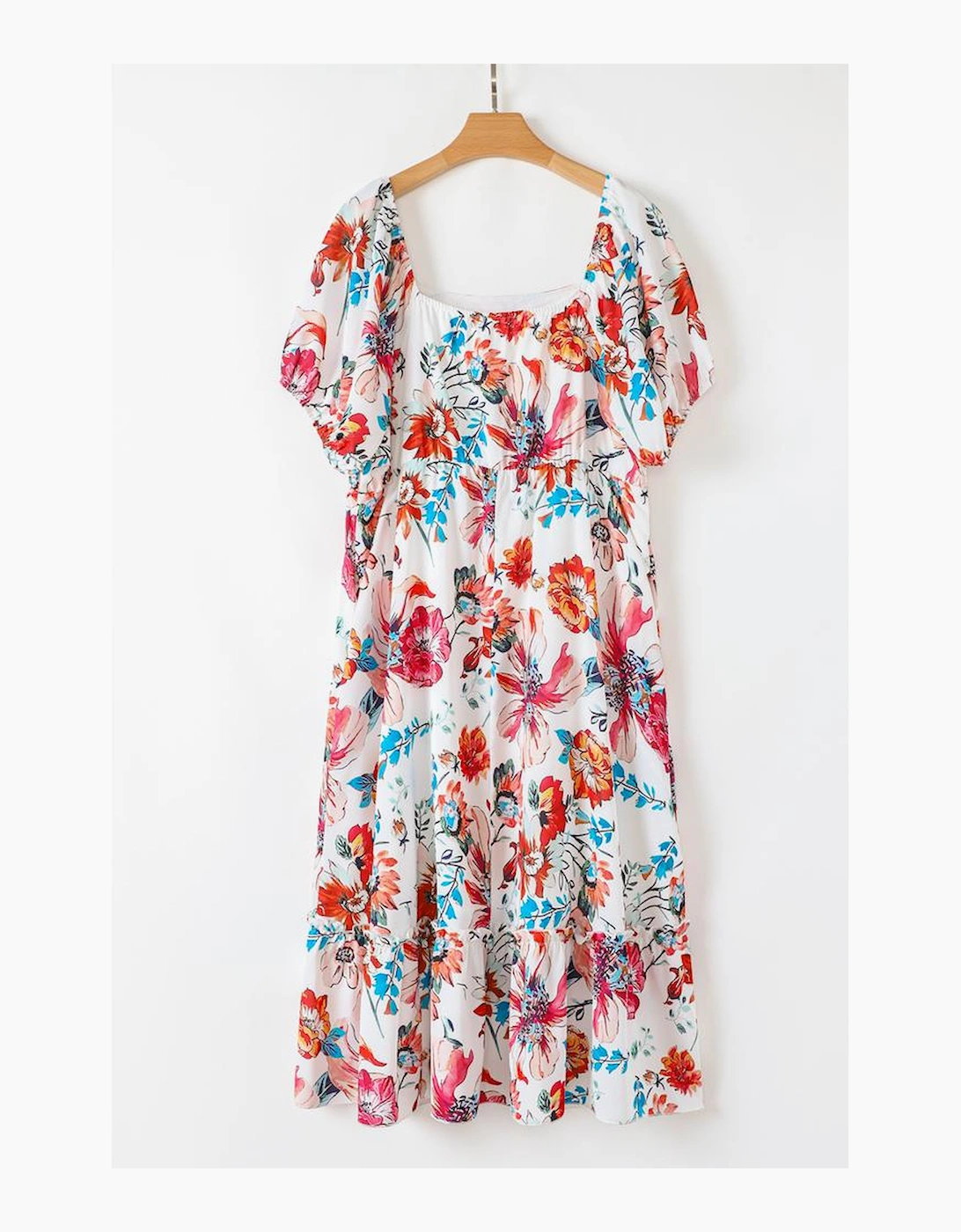 White Floral Square Neck Puff Sleeve Flowy Plus Size Midi Dress