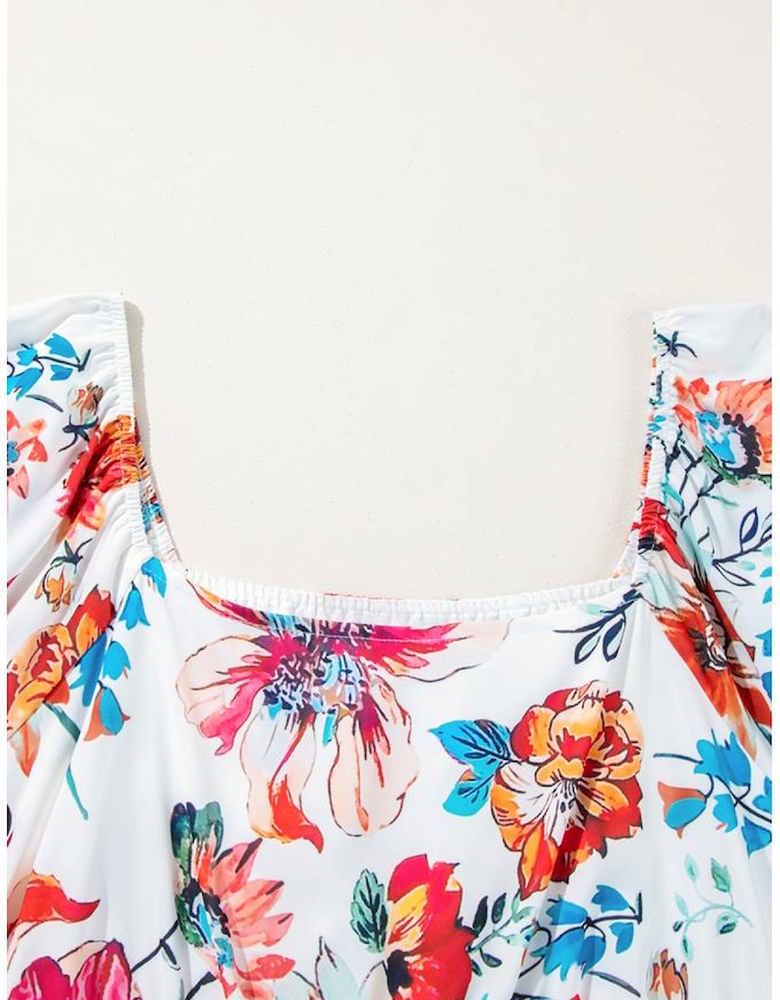 White Floral Square Neck Puff Sleeve Flowy Plus Size Midi Dress