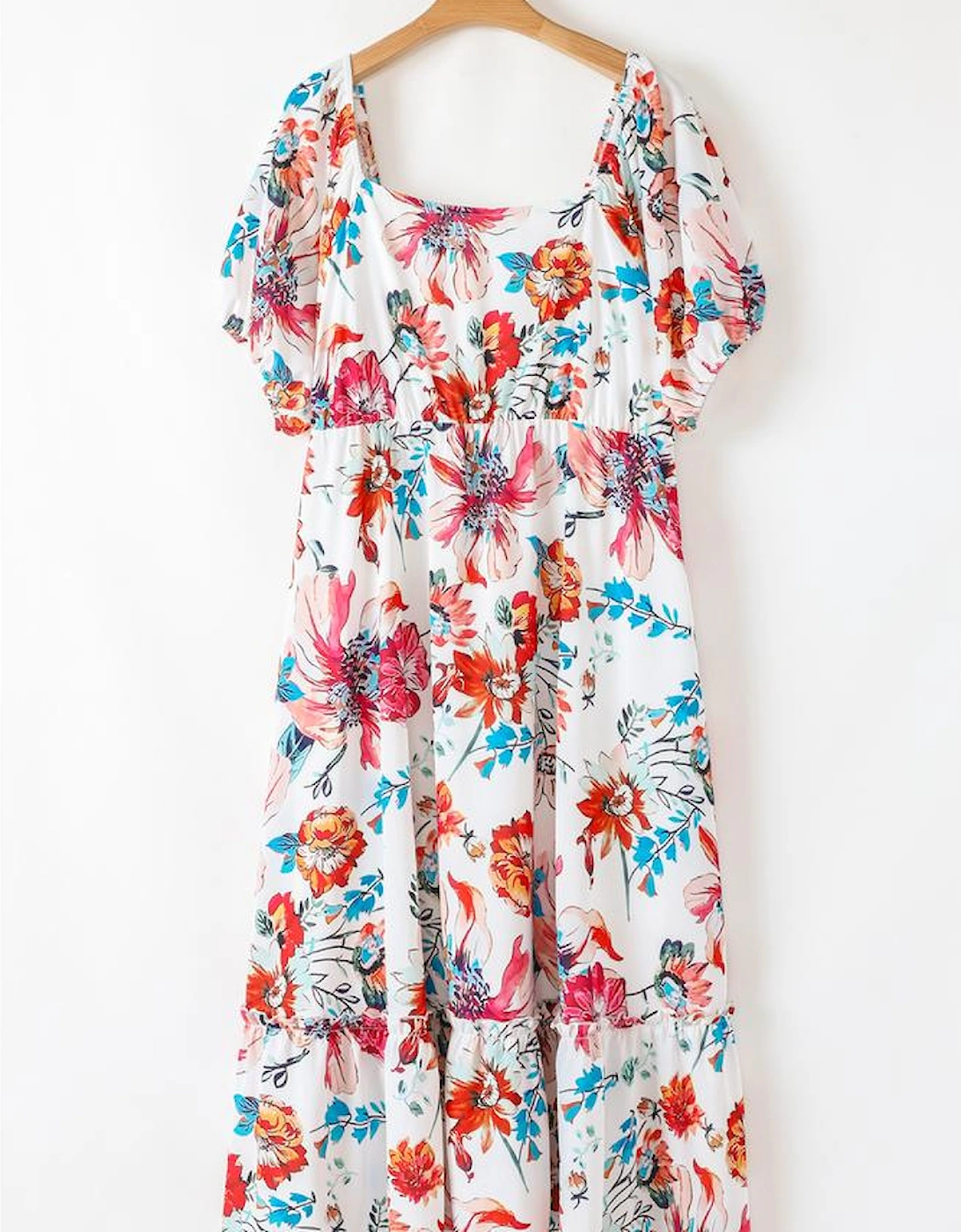 White Floral Square Neck Puff Sleeve Flowy Plus Size Midi Dress