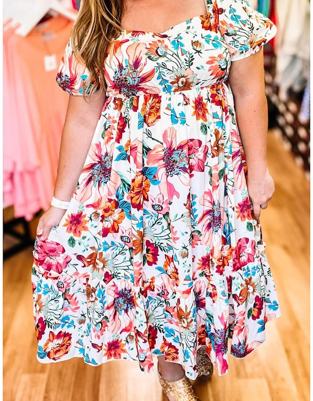White Floral Square Neck Puff Sleeve Flowy Plus Size Midi Dress