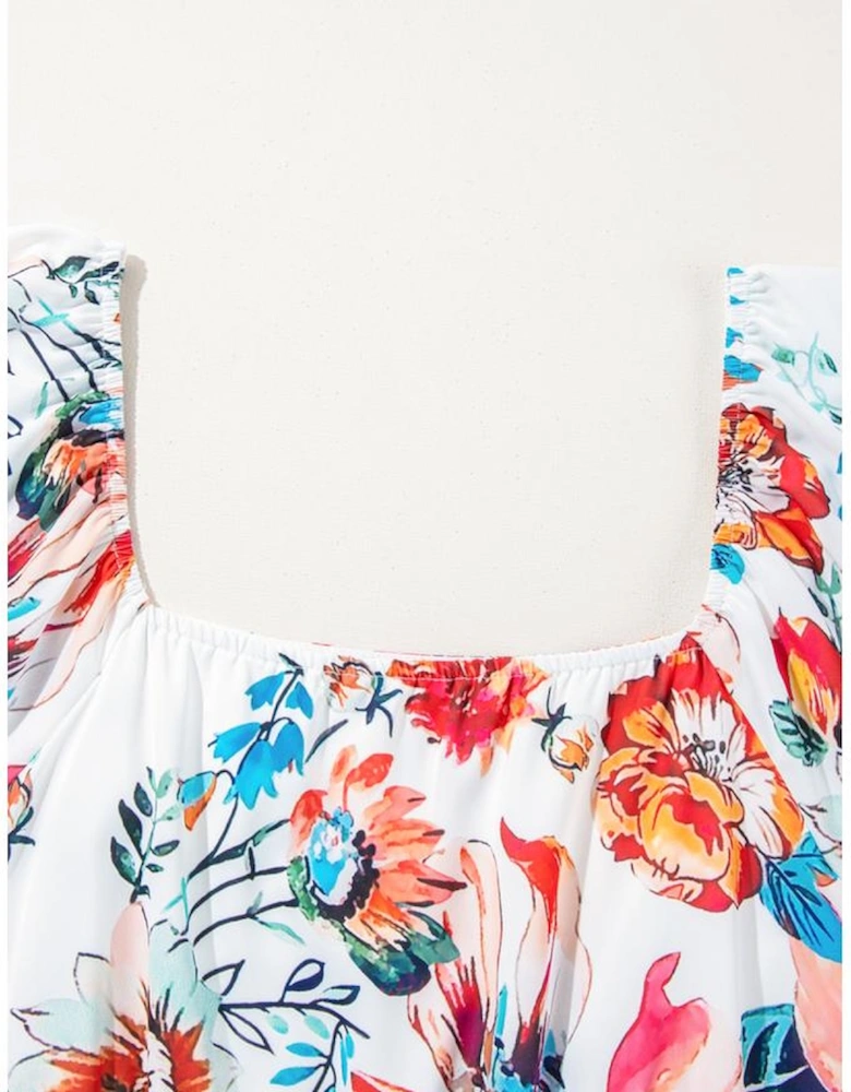 White Floral Square Neck Puff Sleeve Flowy Plus Size Midi Dress