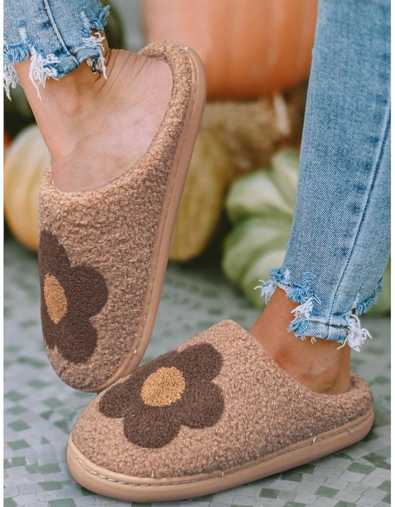 Azura Exchange Camel Fuzzy Flower Pattern Homewear Slippers