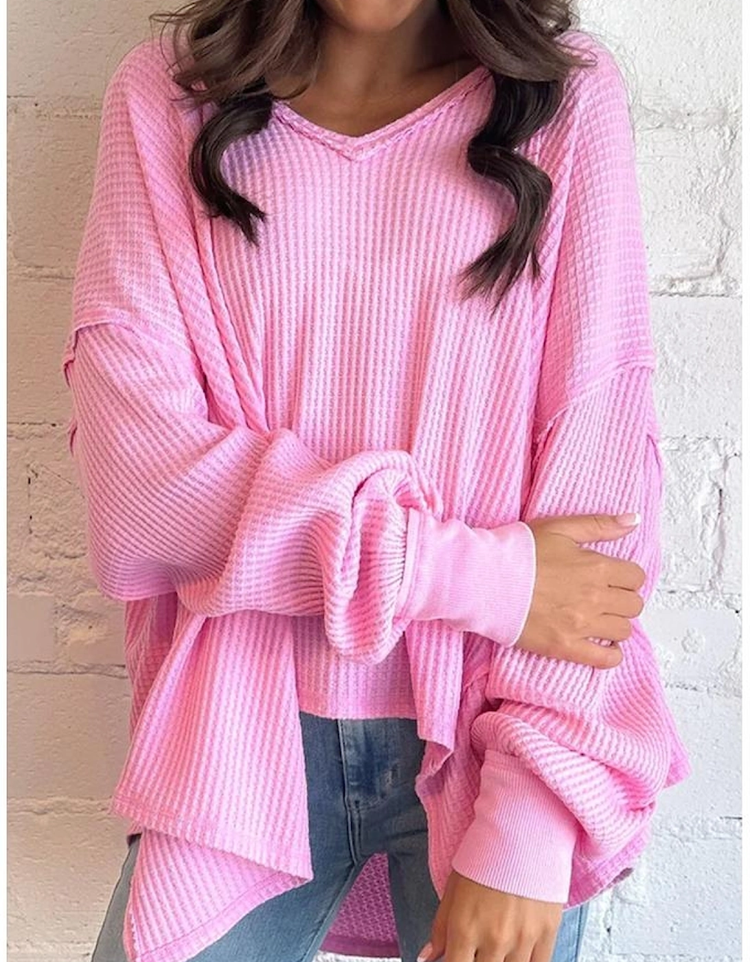 Bonbon Waffle Knit Exposed Seam High Low Top