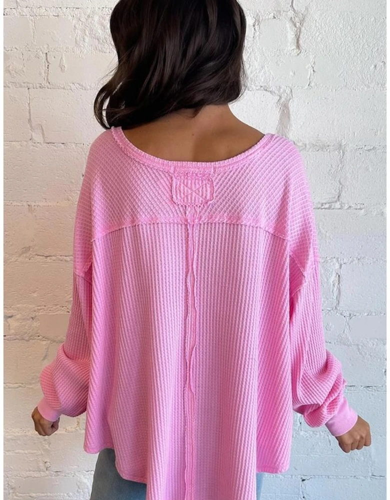 Bonbon Waffle Knit Exposed Seam High Low Top
