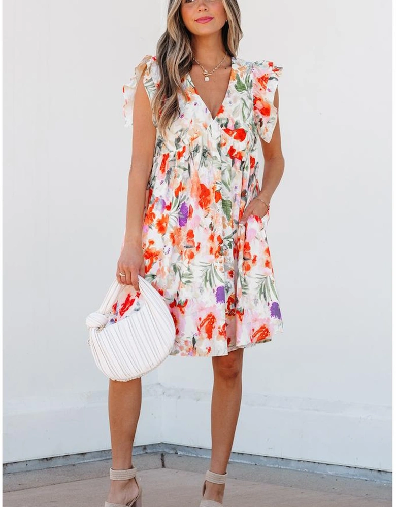 Pink Floral Double Ruffle Sleeve V Neck High Waist Mini Dress