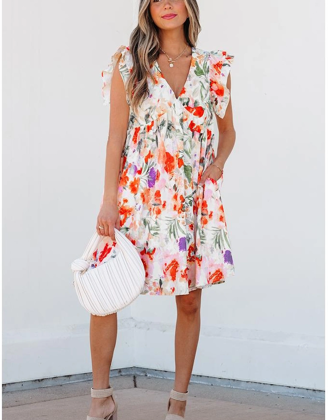 Pink Floral Double Ruffle Sleeve V Neck High Waist Mini Dress