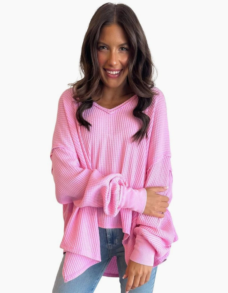 Bonbon Waffle Knit Exposed Seam High Low Top