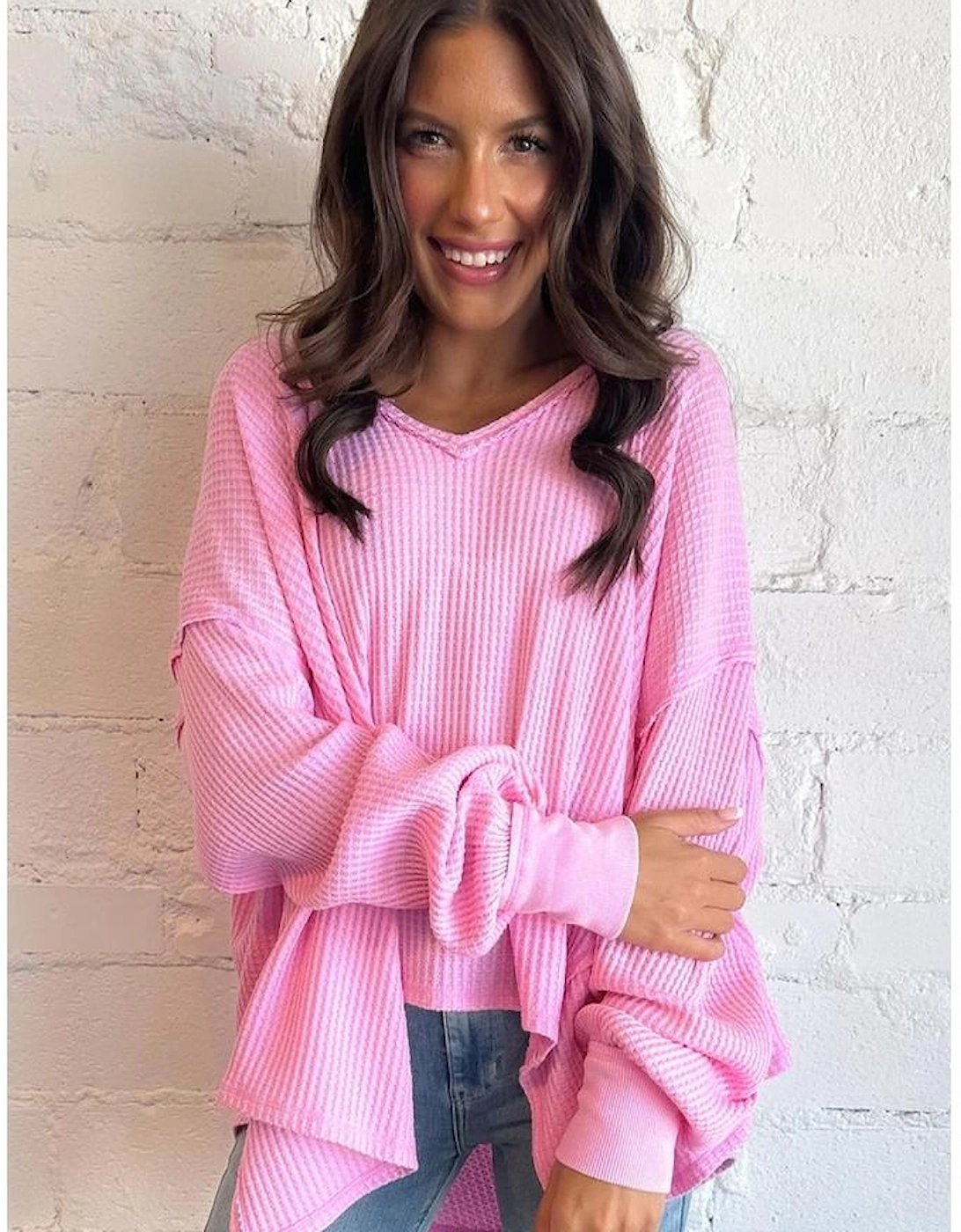 Bonbon Waffle Knit Exposed Seam High Low Top