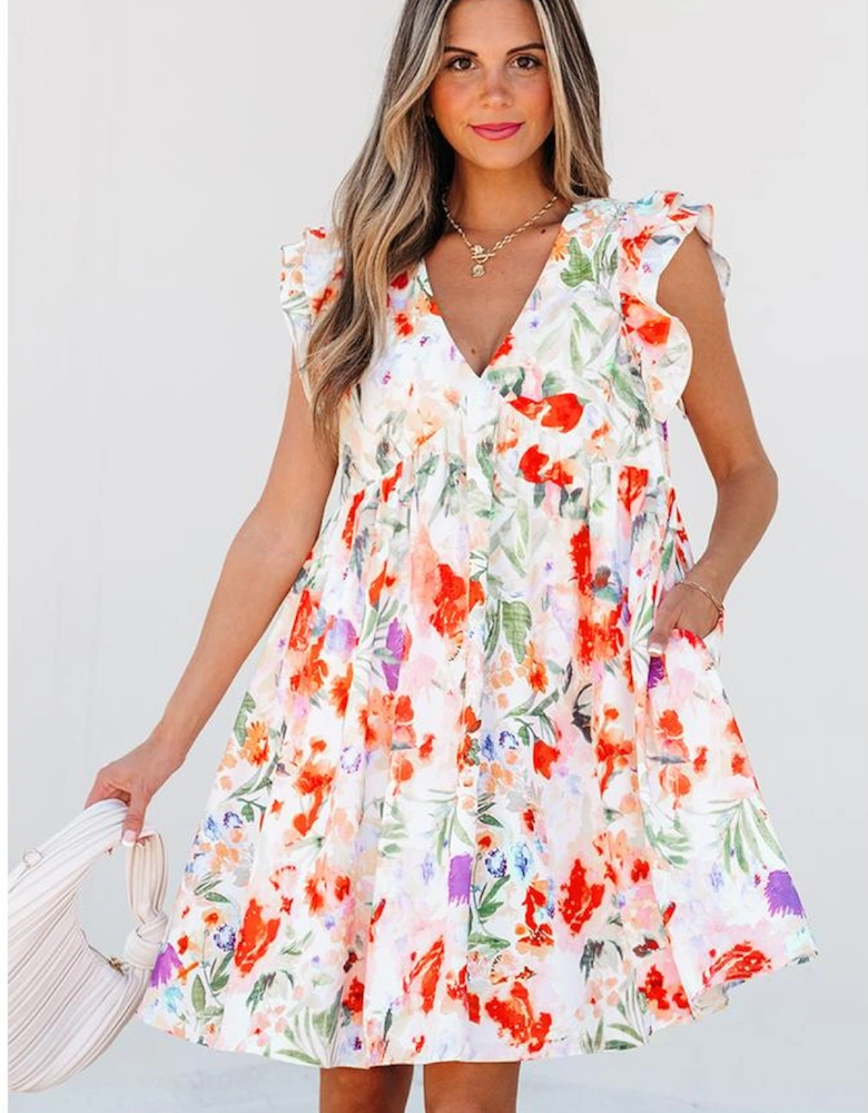 Pink Floral Double Ruffle Sleeve V Neck High Waist Mini Dress