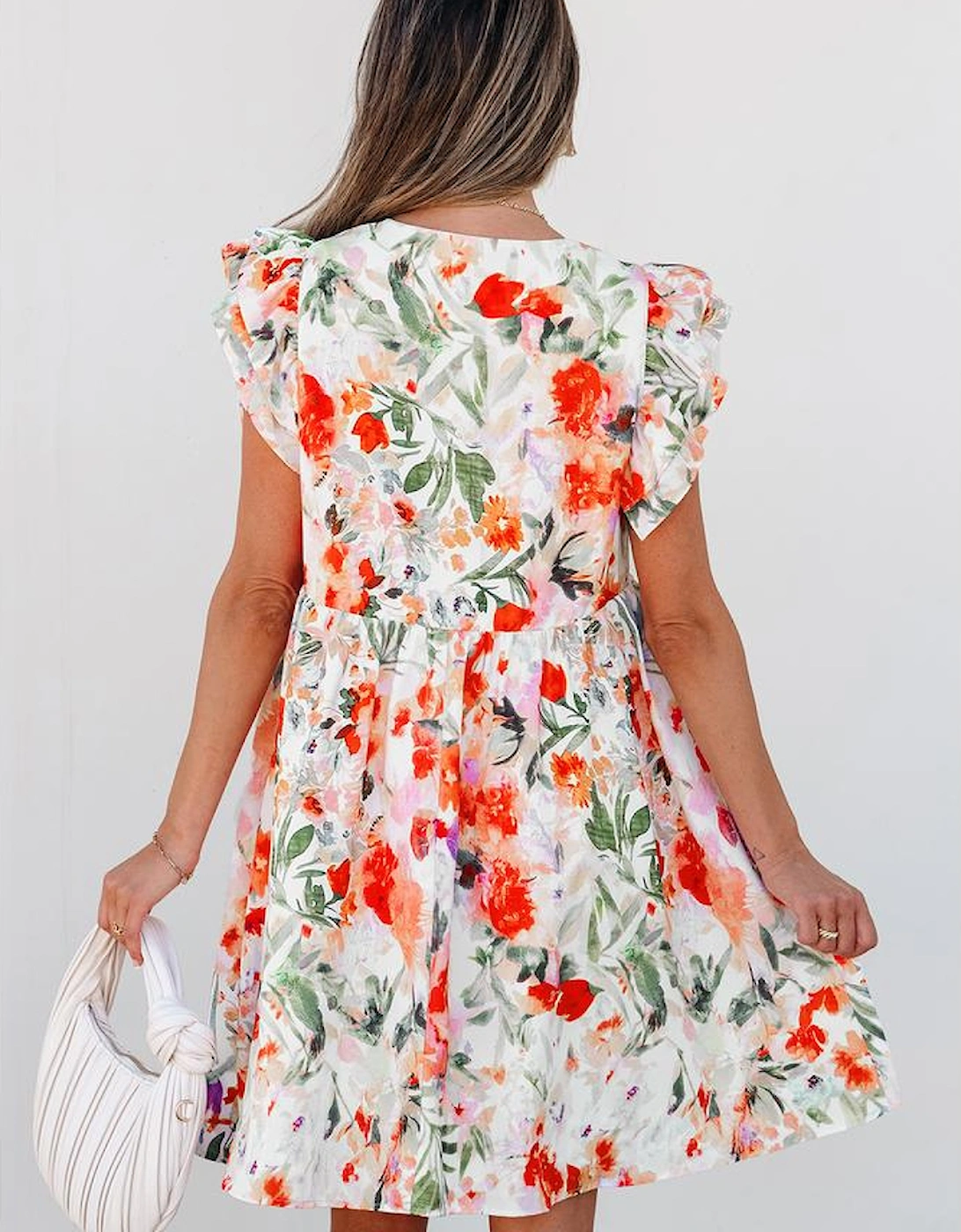 Pink Floral Double Ruffle Sleeve V Neck High Waist Mini Dress