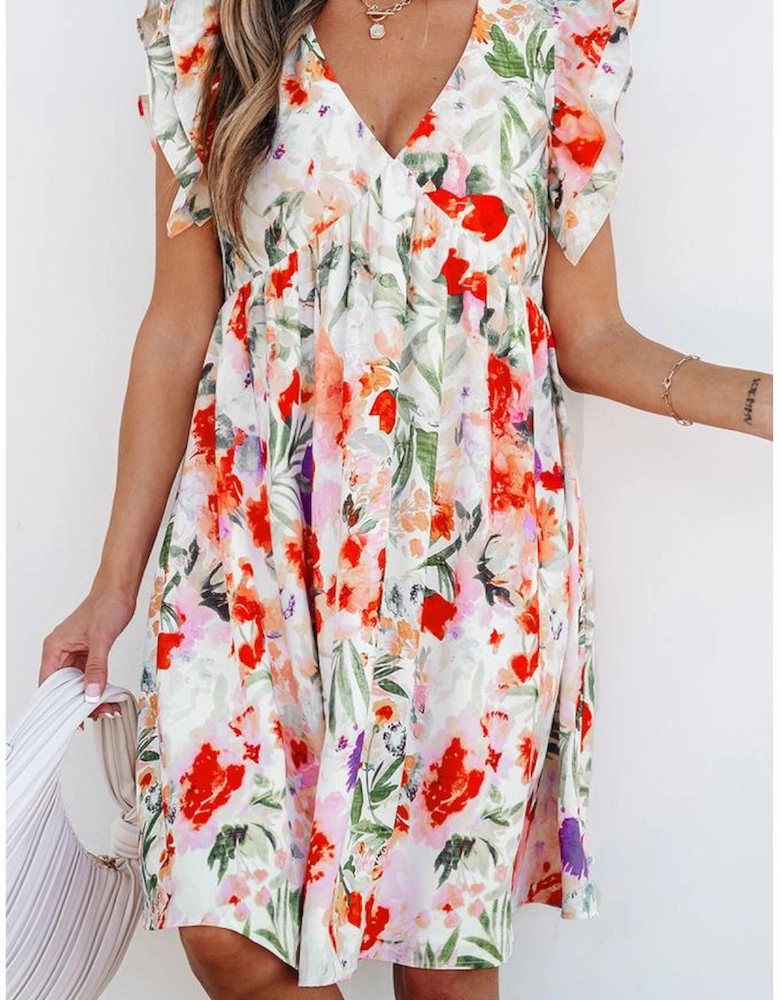 Pink Floral Double Ruffle Sleeve V Neck High Waist Mini Dress
