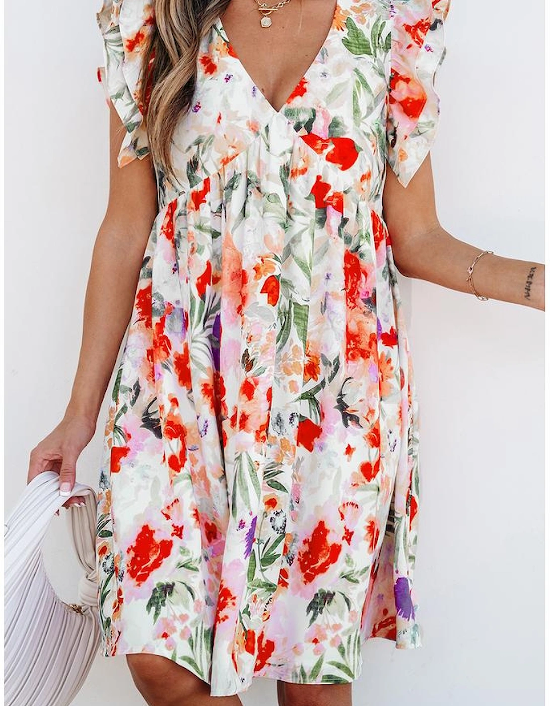 Pink Floral Double Ruffle Sleeve V Neck High Waist Mini Dress