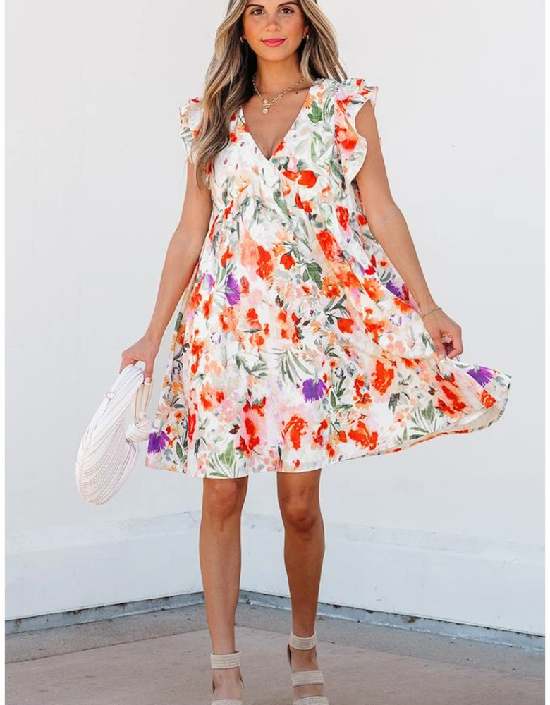 Pink Floral Double Ruffle Sleeve V Neck High Waist Mini Dress