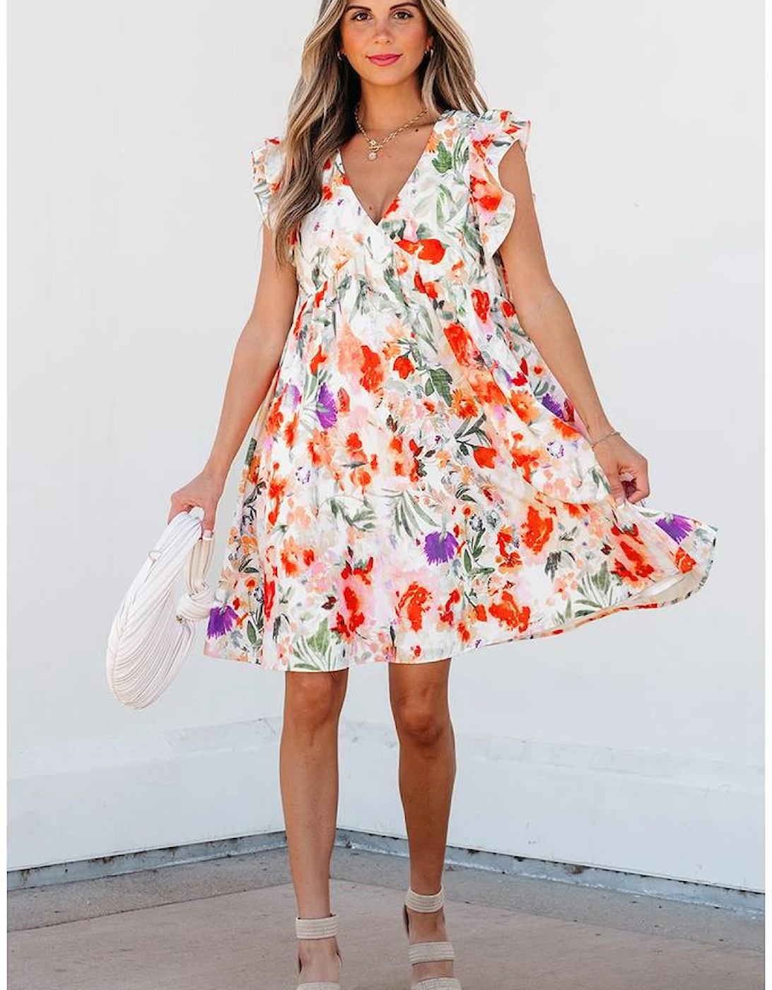 Pink Floral Double Ruffle Sleeve V Neck High Waist Mini Dress