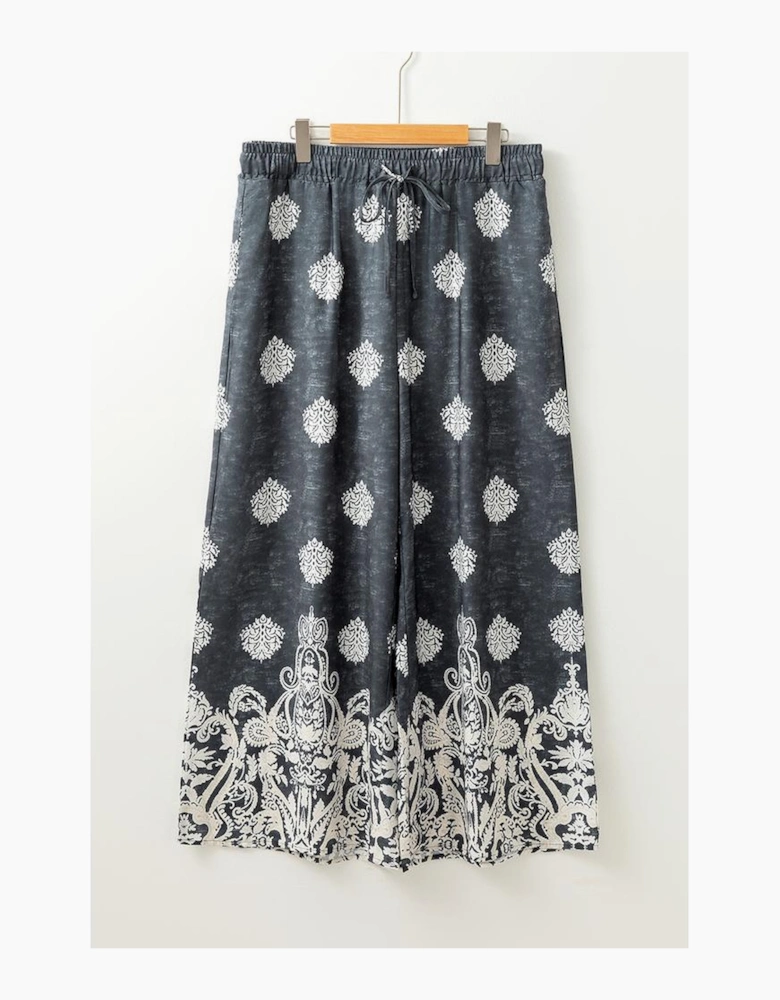 Azura Exchange Black Plus Size Geometric Ethnic Print Drawstring Wide Leg Pants