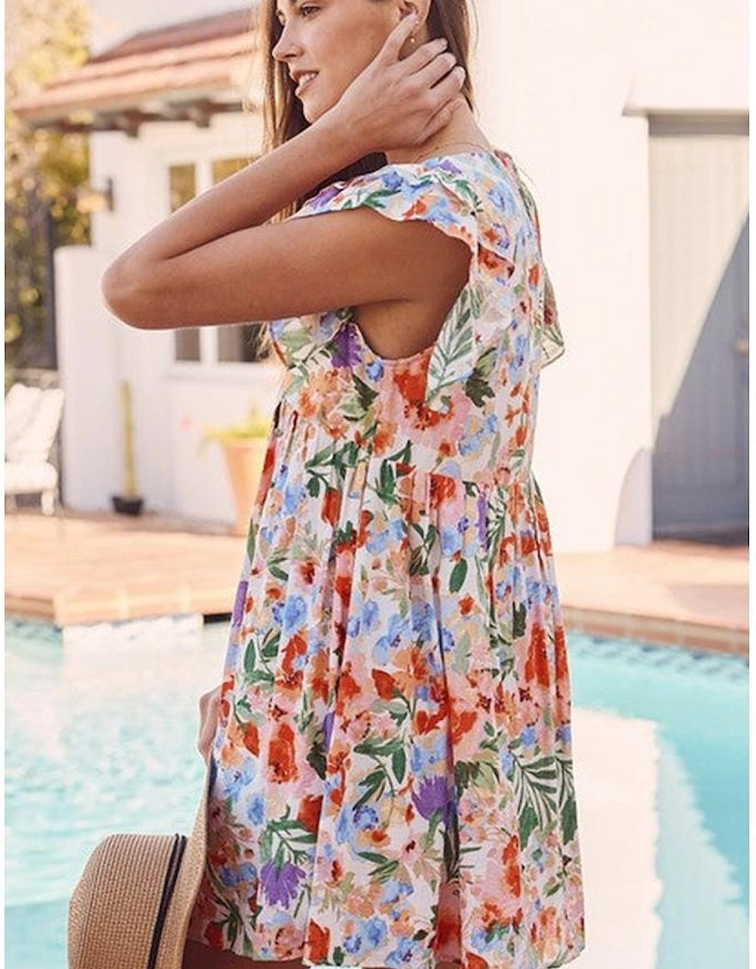 Pink Floral Double Ruffle Sleeve V Neck High Waist Mini Dress