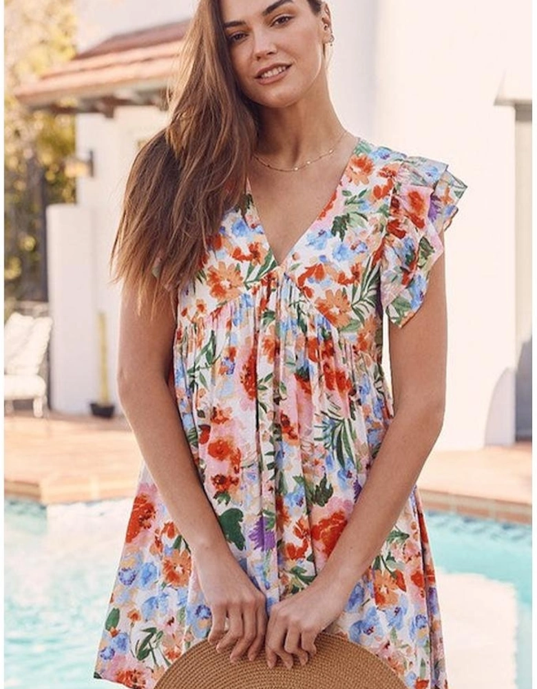 Pink Floral Double Ruffle Sleeve V Neck High Waist Mini Dress