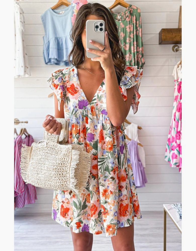 Pink Floral Double Ruffle Sleeve V Neck High Waist Mini Dress