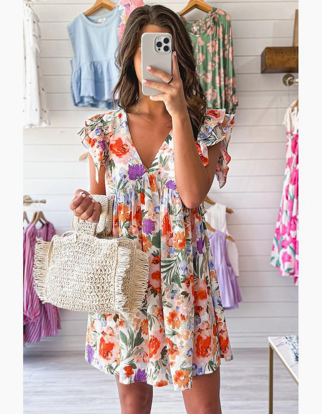 Pink Floral Double Ruffle Sleeve V Neck High Waist Mini Dress