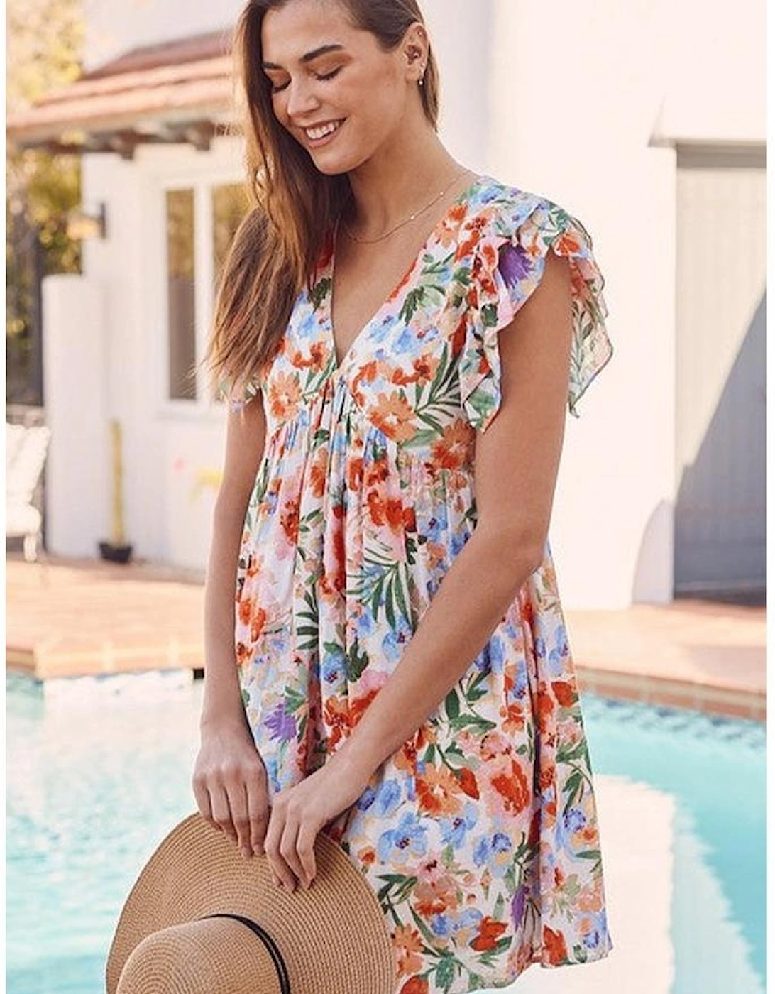 Pink Floral Double Ruffle Sleeve V Neck High Waist Mini Dress