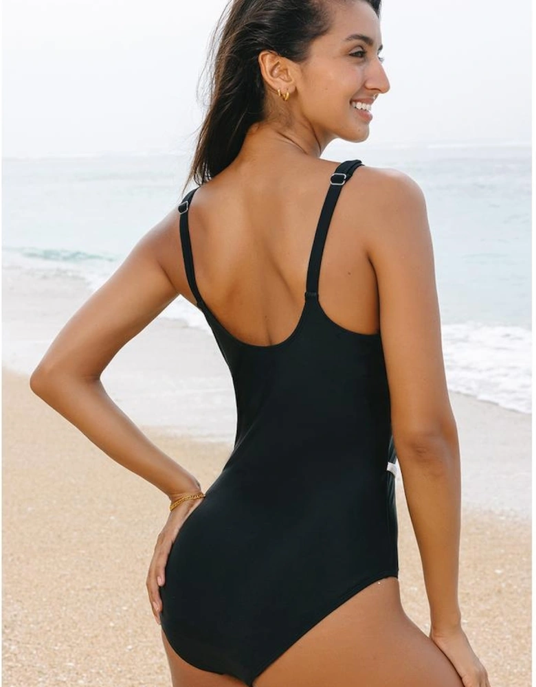Black Color Contrast Ruffled Wrap V Neck Swimsuit